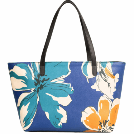 Blue Floral Printed Tote Bag – Rexine, Zip Closure, Spacious Design