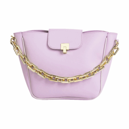 Lilac Bucket Handbag – Rexine, Twist Lock, Golden Chain Detail