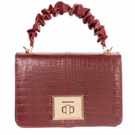 Maroon Mini Handbag – Rexine, Twist Lock, Ruched Handle & Chain Strap