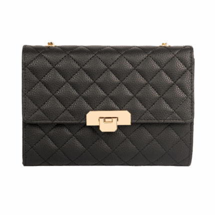 Black Quilted Clutch – Turn-Lock, Golden Chain Strap
